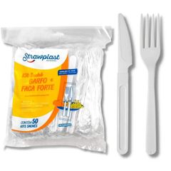 KIT SACHE GARFO E FACA FORTE BRANCO STRAWPLAST 50UN